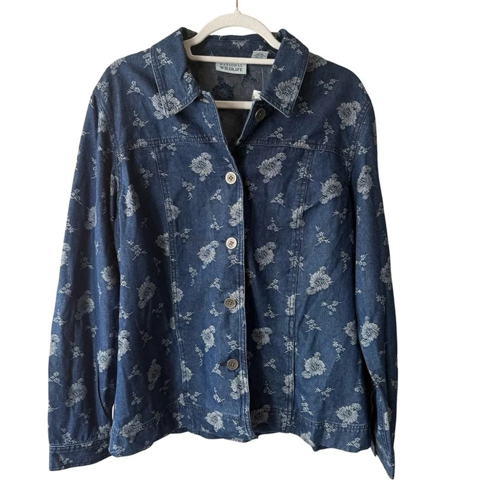 National Wildlife Women's Blue Floral Jean Jacket Size XL Boho Vintage Style